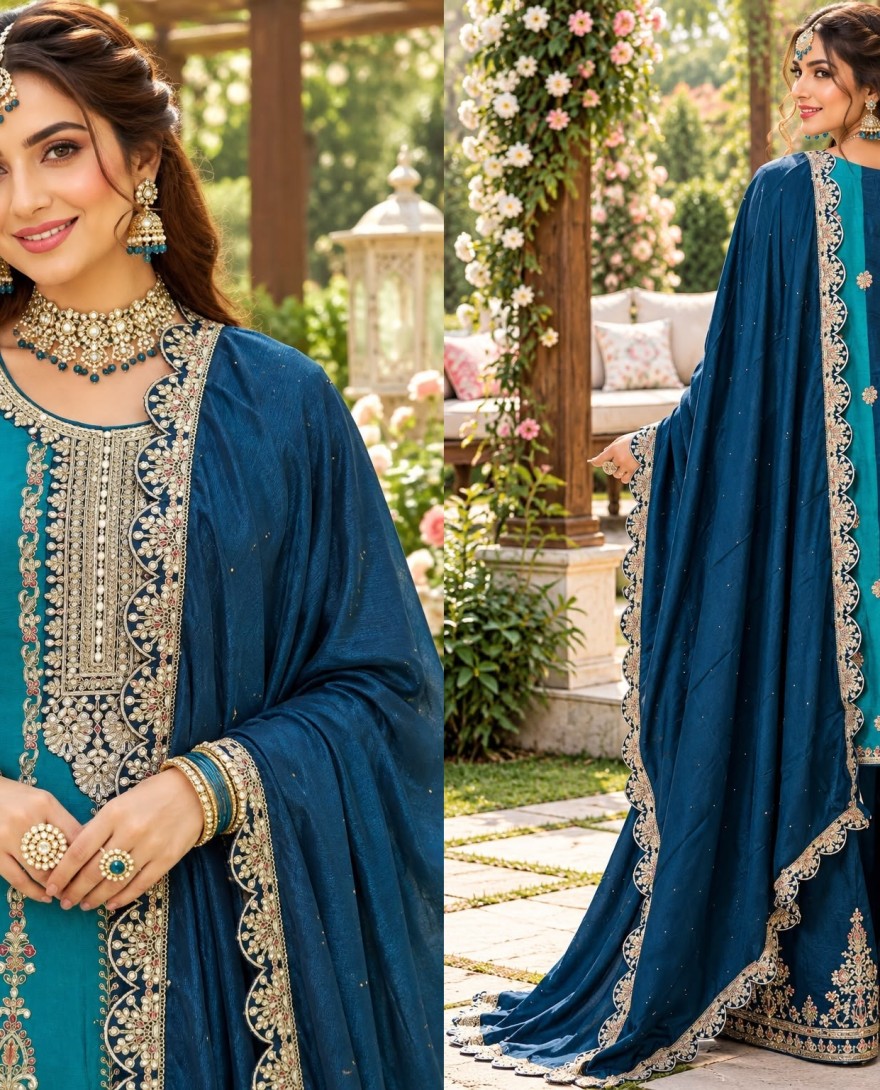 2204 - Multi Colour Chinon Embroidered, Sequins and Zari Work Ceremonial Salwar Suit